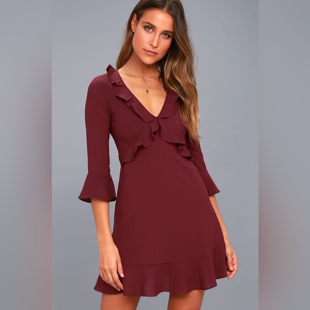 Lulu's Burgundy Ruffle V-Neck Mini Dress